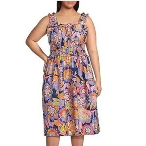Eliza J Dress Women Plus 18W Floral Print Smocked Waist Square Neck Ruffle Strap
